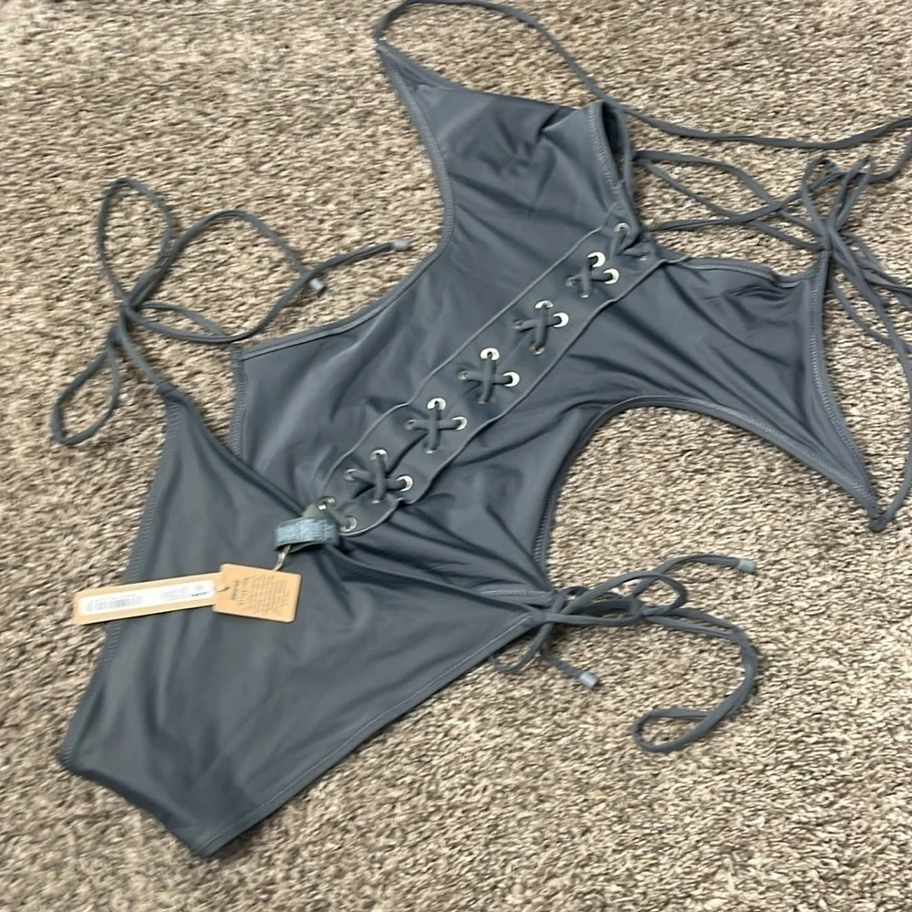 NWT SKIMS SWIM lace up monokini xlarge gunmetal